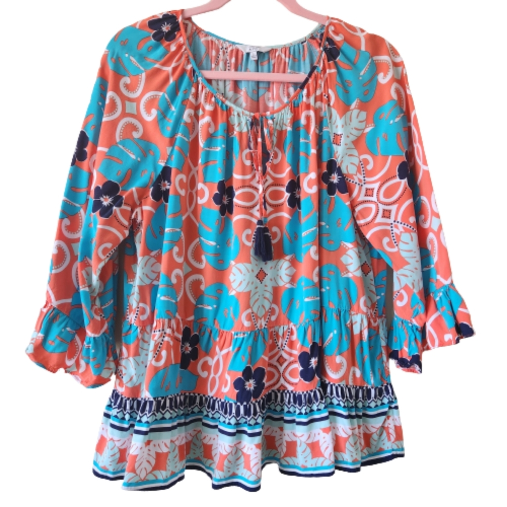 CROWN & IVY Tiered Peplum Tassel Tie Collar Floral Blouse Large #0175